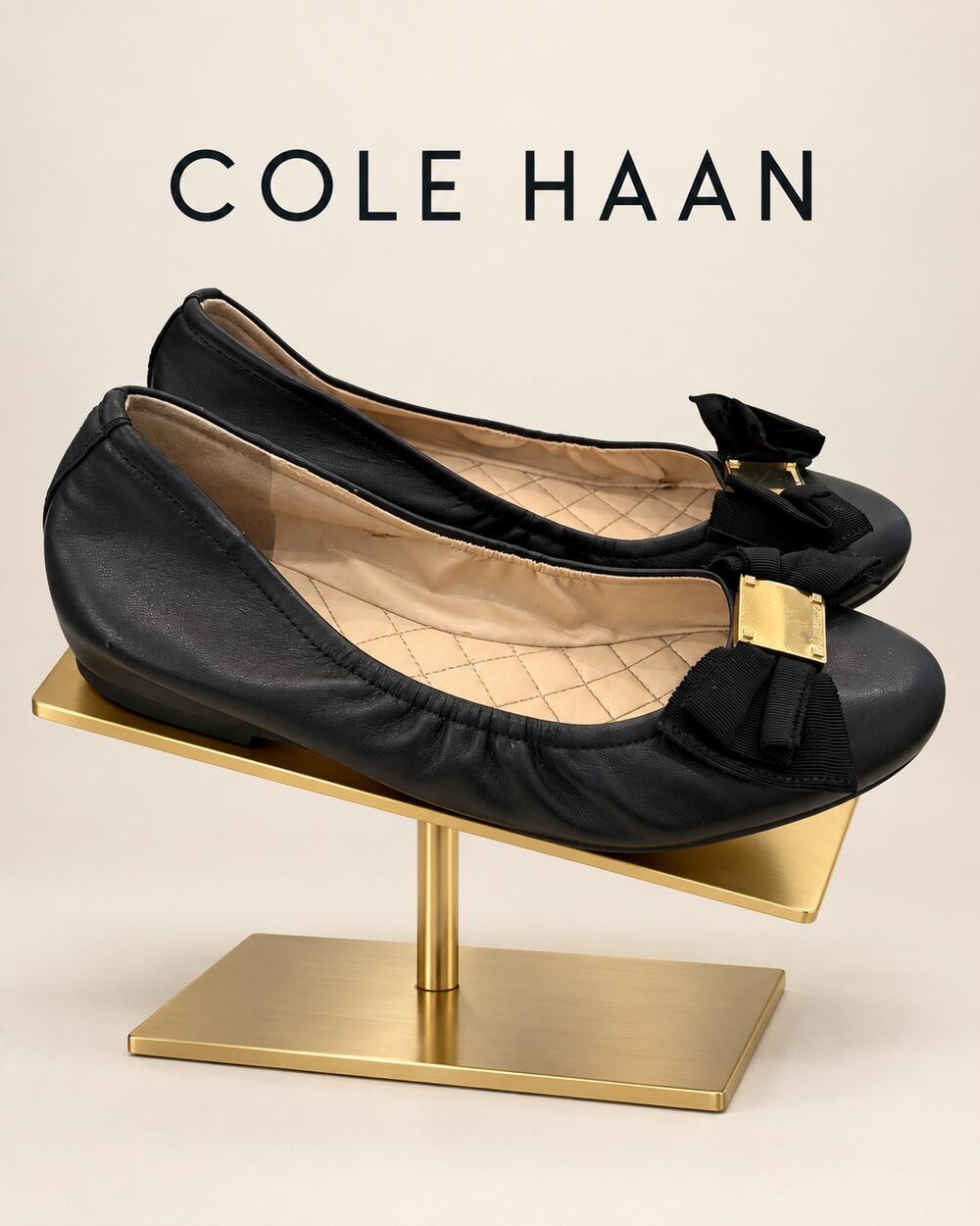 Cole Haan Tali Soft Bow Ballet Flats Black Leather Women’s 6B W12248